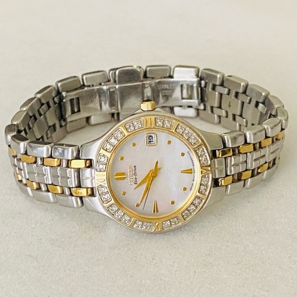 Citizen Eco-Drive Real Diamond Mother of Pearl Stainless Steel Wristwatch 6 1/4” - Picture 4 of 15
